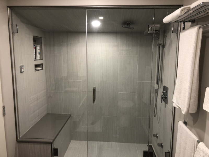 steam shower custom glass and trough drain