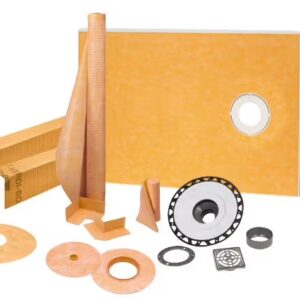 Schluter-KERDI complete shower kit with waterproofing components, including a shower tray, drain assembly, and membrane, alongside packaging displaying product details.