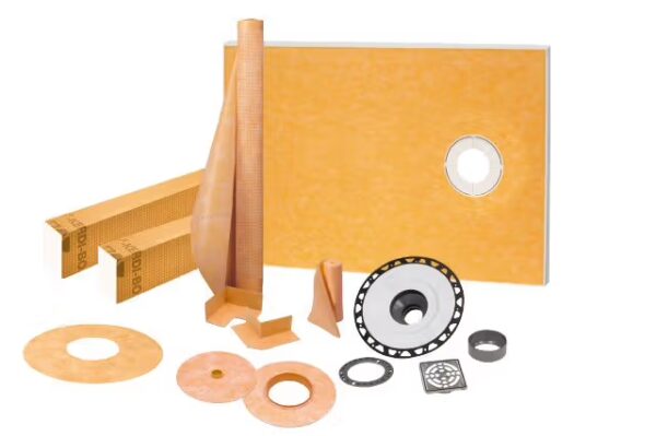 Schluter-KERDI complete shower kit with waterproofing components, including a shower tray, drain assembly, and membrane, alongside packaging displaying product details.