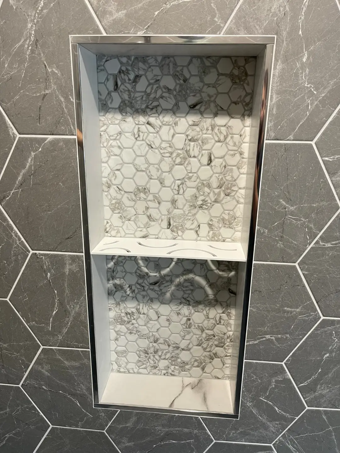 Vertical Shower Niche installed in Edmonton Home Parkview neighbourhood by professional tile installers from The Tile Experts